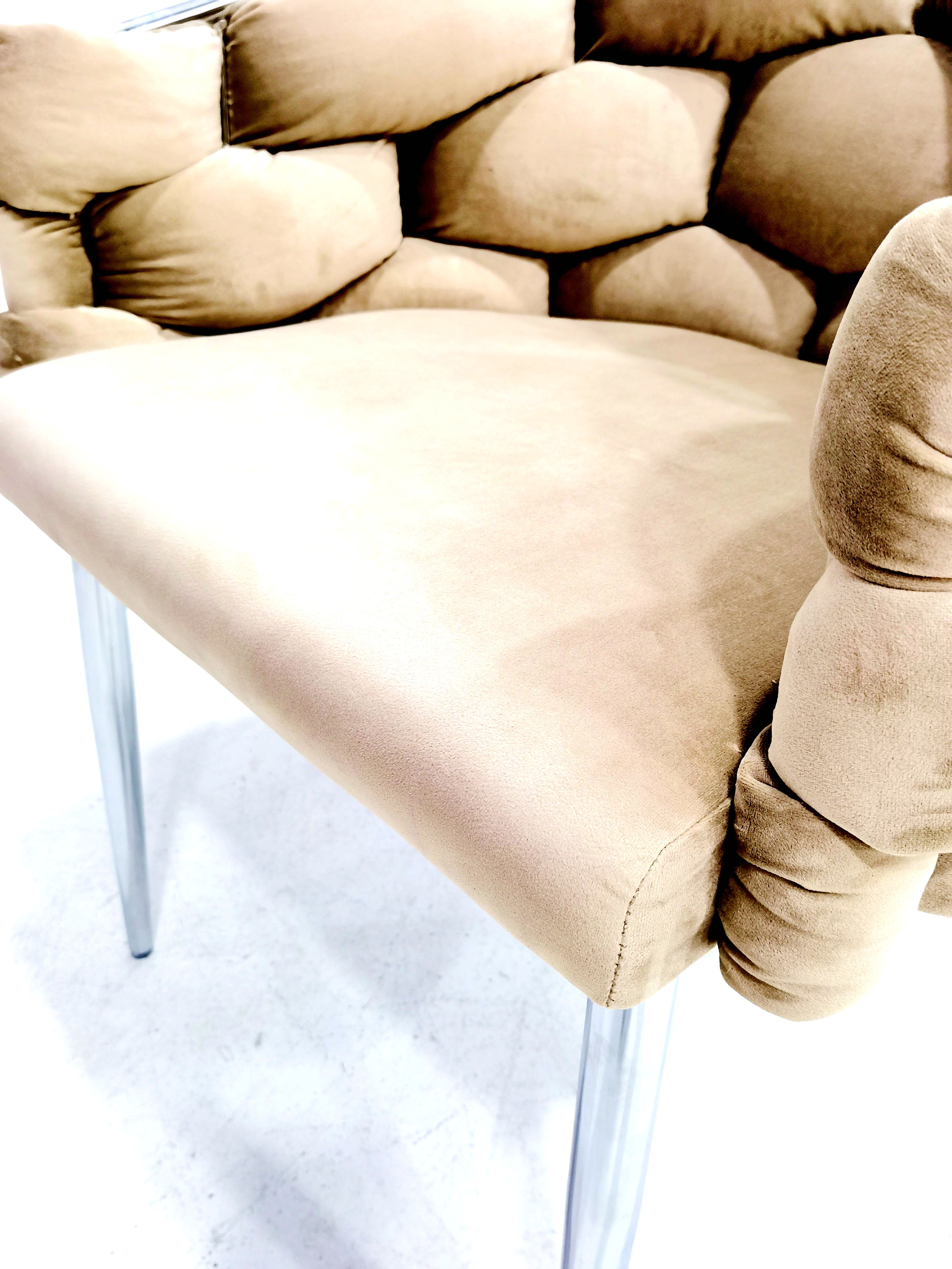 Sessel Polsterstuhl Samtbezug gepolsterter Esszimmerstuhl Metallfuß beige